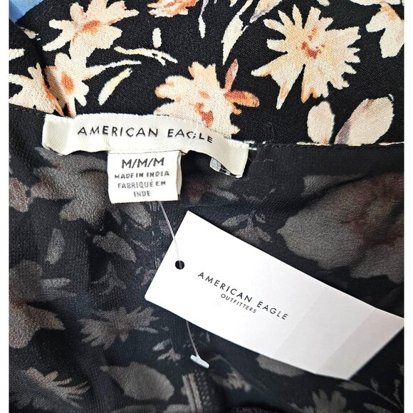 American Eagle Floral Print Black Dress Puff Sleeves & Open Back W/ Tie Detail M - Picture 11 of 12